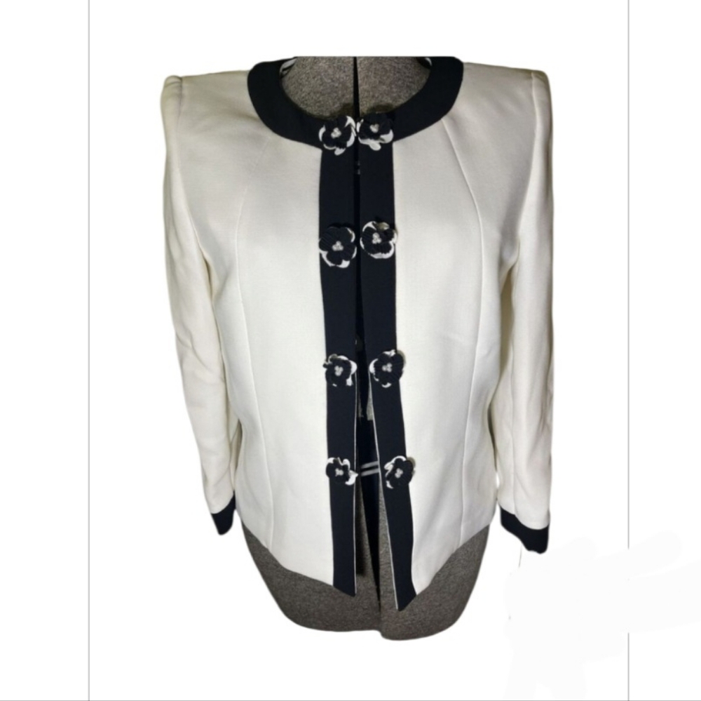 TAHARI LEVINE CREAM BLACK PEARL ACCENT FLOWER BLAZER JACKET  SZ 12